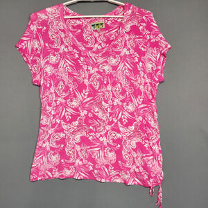 Palm Grove Shirt Womens 1X Pink White Floral Paisley Short Sleeve V Neck Top